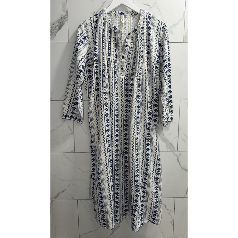 La Cera Fair Isle Cotton Long Sleeve Nightgown Size L Blue White Flannel